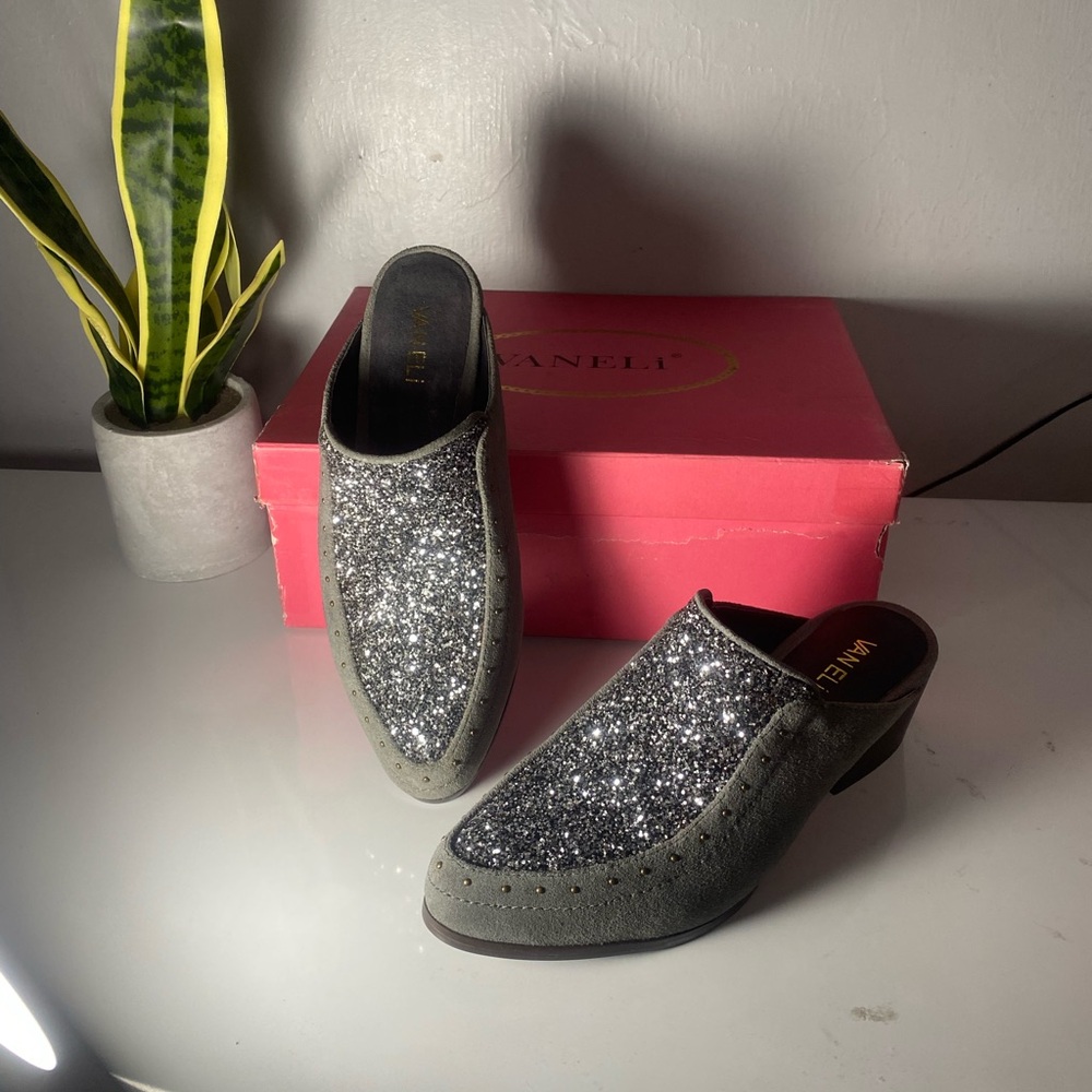 Vaneli Grey Suede Silver Glitter Studded Block Heel Mules‎ Women Shoes 5.5